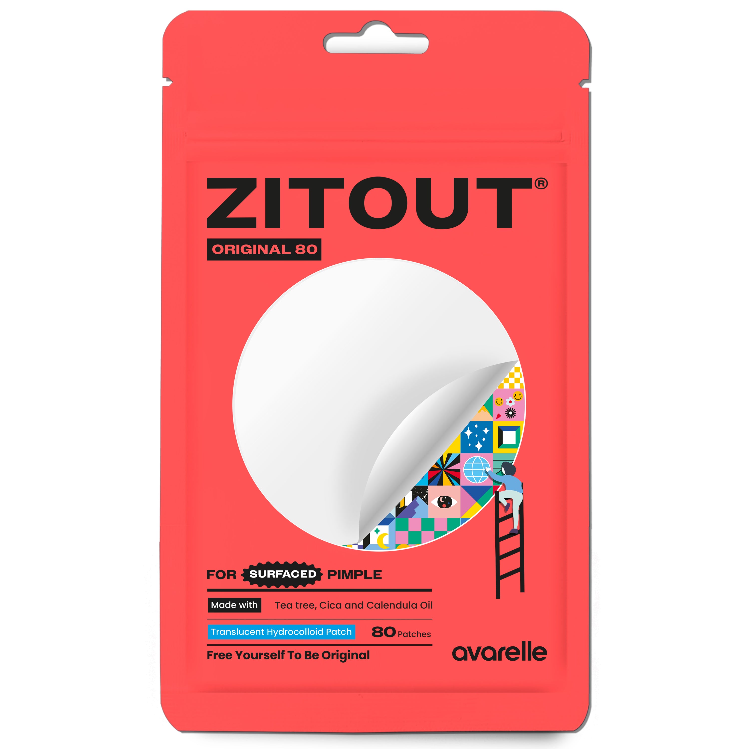 Product packaging for Avarelle's ZitOut Original 80 acne patch with ingredients such as tea tree, cica, and Calendula oil.
