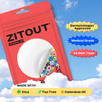 Product packaging for Avarelle's ZitOut Original 80 acne patches against a sky background, highlighting key ingredients including tea tree, cica, and calendula oil.  Additionally, stating that it is dermatologist approval.