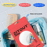 Eco-friendly skincare products in a transparent travel pouch with an Avarelle ZitOut Original 80 hydrocolloid patch package in front.