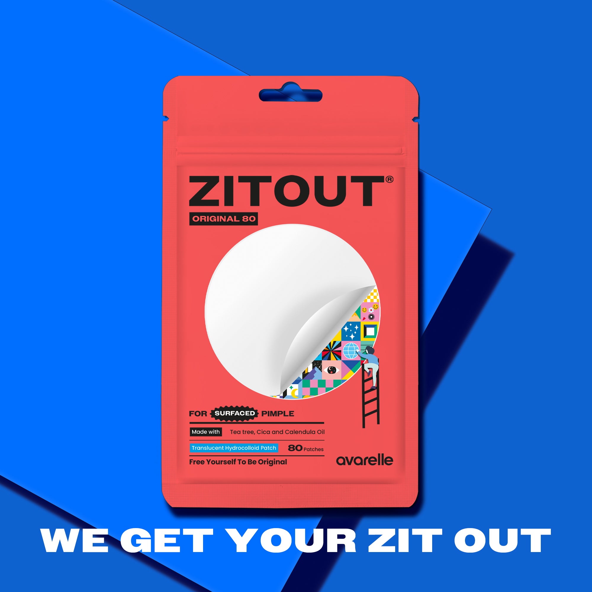 A graphic illustration of Avarelle's ZitOut Original 80 acne treatment product, featuring a hydrocolloid patch against a blue background. with the slogan "we get your zit out" 