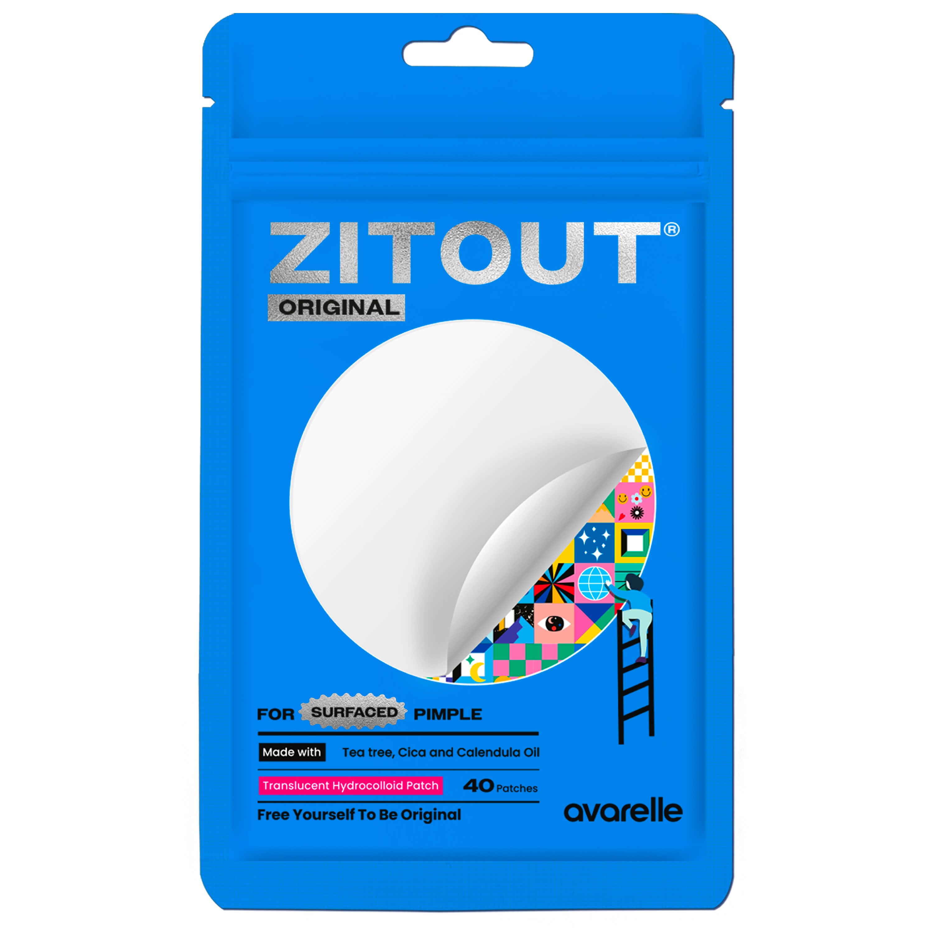 Packaging of Avarelle's ZitOut Original 40 Pimple Patch with ingredients, Tea tree, Cica and Calendula Oil
