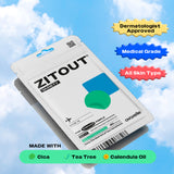 Product packaging for Avarelle's ZITOUT hydrocolloid acne patches floating against a cloudy blue sky background, highlighting dermatologist approval and ingredients like cica, tea tree oil, and calendula oil.
