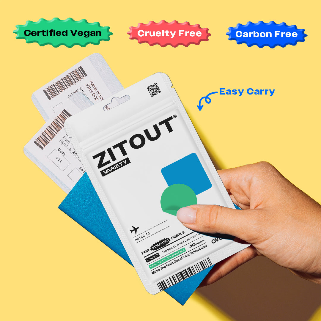 Show thumbnail preview	 A hand holding a package of Avarelle's ZITOUT Variety Traveler's Pack 40CT pimple patches with certified vegan, cruelty-free, and carbon-free labels, against a two plane tickets in the background