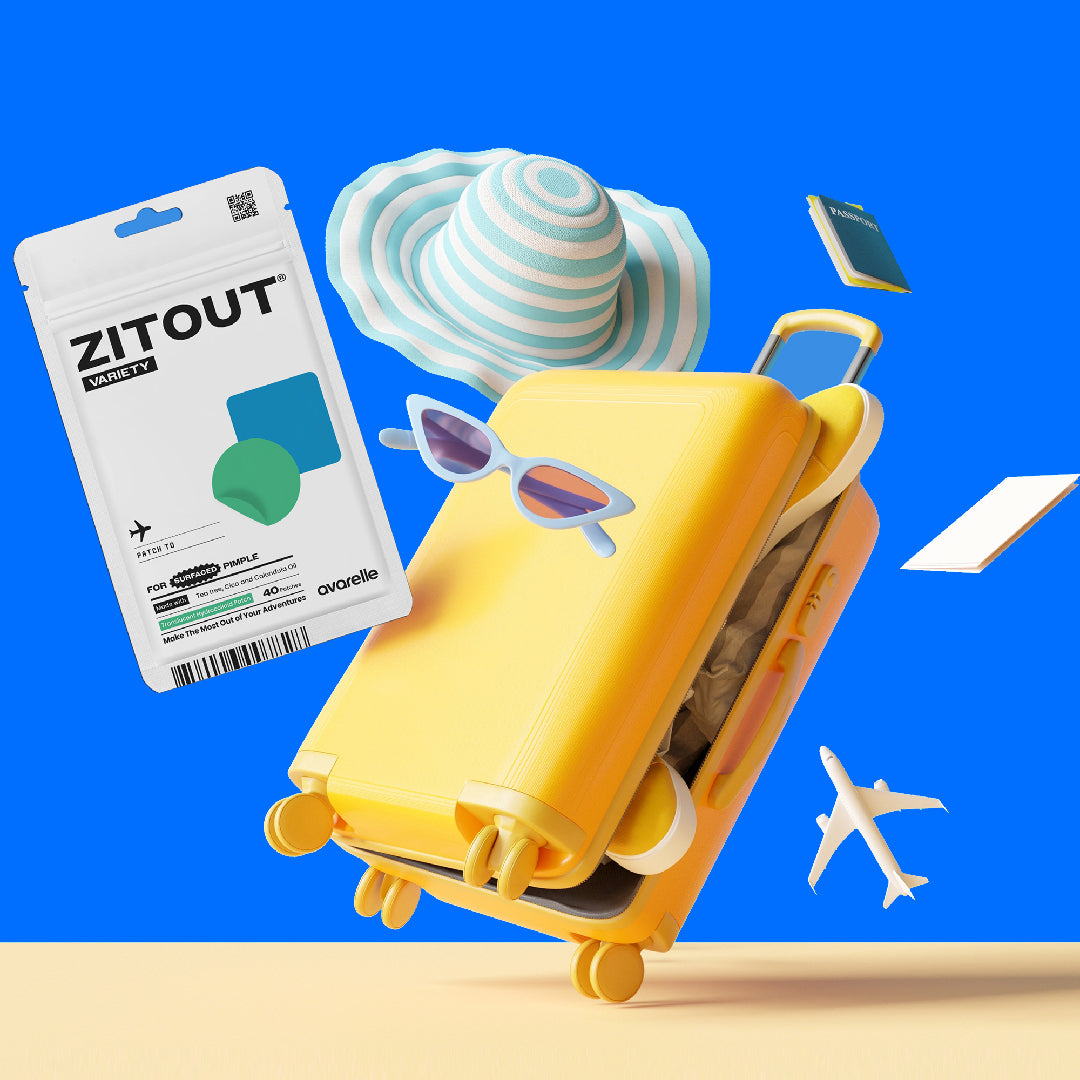 A brightly colored Avarelle ZITOUT Variety Traveler's Pack 40CT with a variety of sizes of yellow suitcases, beach hat, sunglasses, and a passport against a blue background.