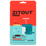 Front side of the ZitOut X-Large Pimple Patch by Avarelle.  Denoting key ingredients such as tea tree, cica, and calendula oils.  Stating, "Your Skin Guardian for Zitty Days" Wuth two volcano shaped pimples, where a xl pimple patch shaped whale heading for it.