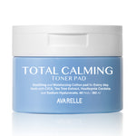 Jar of Avarelle Total Calming Toner Pads with water splash graphic in the background, infused with cica, tea tree, Houttuynia Cordata, and sodium hyaluronate. Containing 60 pads..