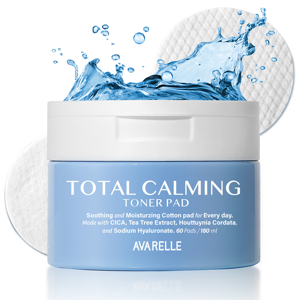 Jar of Avarelle Total Calming Toner Pads with water splash graphic in the background, infused with cica, tea tree, Houttuynia Cordata, and sodium hyaluronate.  Containing 60 pads..