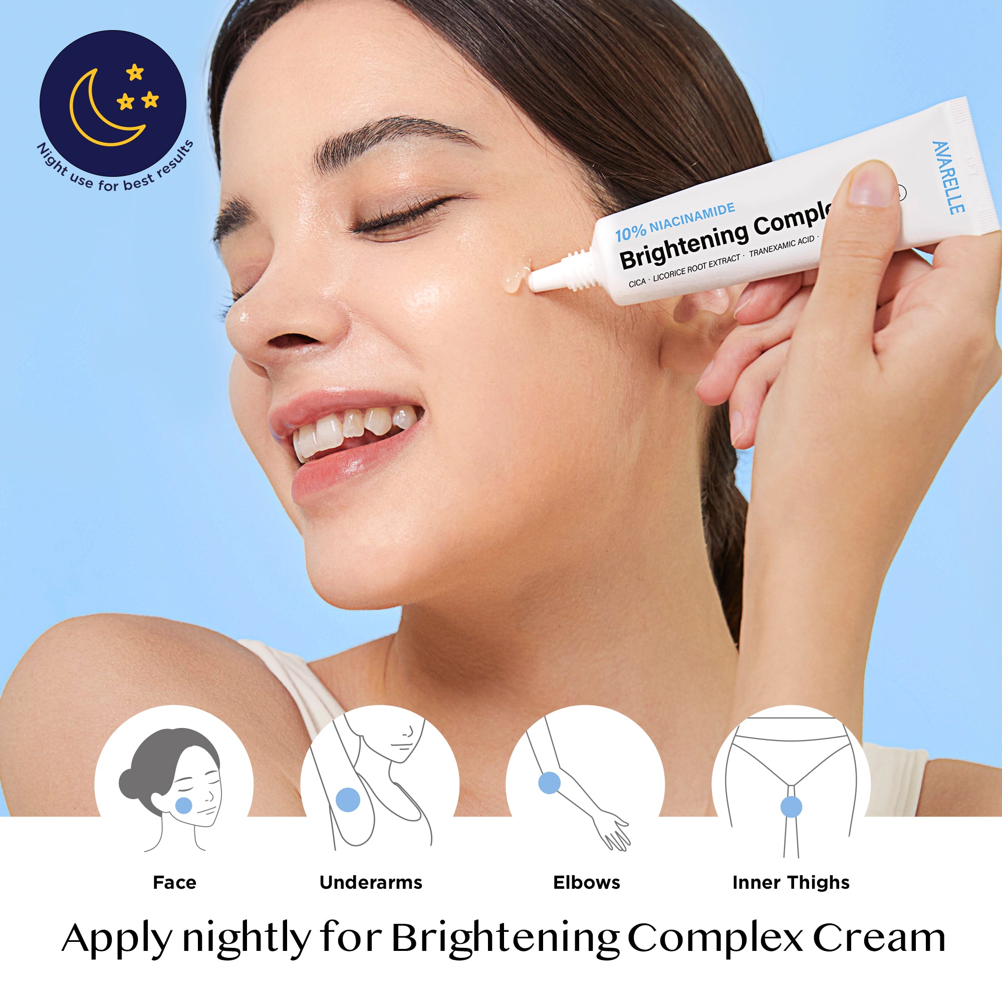 Woman applying Avarelle's 10% Niacinamide Brightening Complex cream to her face, with icons indicating the cream can also be used on underarms, elbows, and inner thighs. Formulated with tranexamic acid, cica, and Tranexamic Acid.  For best results, use at night.