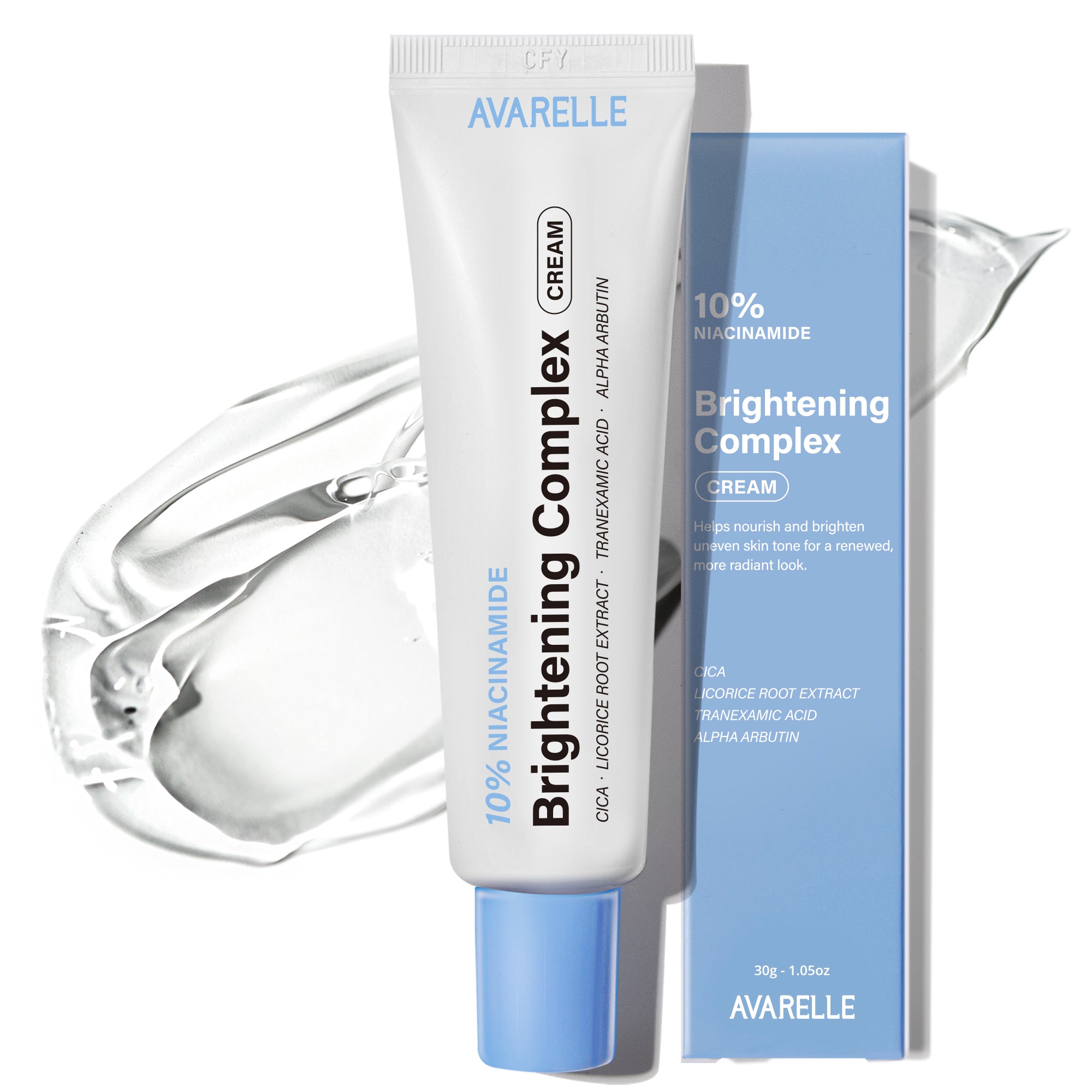 A tube of Avarelle's 10% Niacinamide Brightening Complex with niacinamide, including the 10% niacinamide complex packaging that calms & moisturizes the skin.