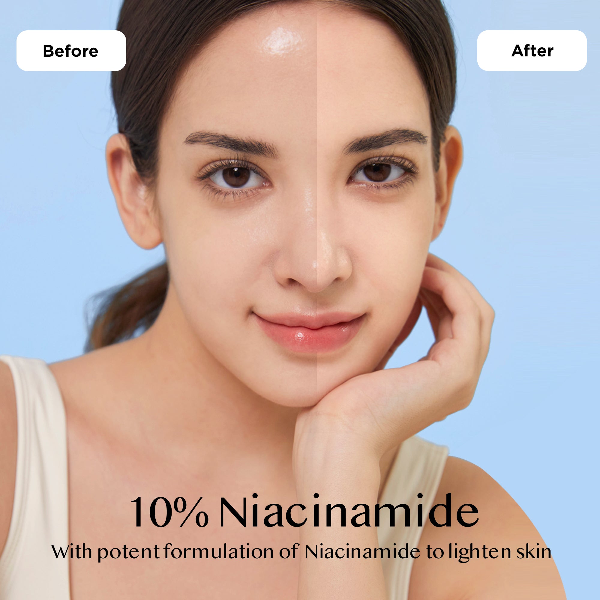 Comparison of skin appearance before and after using Avarelle's 10% Niacinamide Brightening Complex that restores & nourishes skin while lightening it.