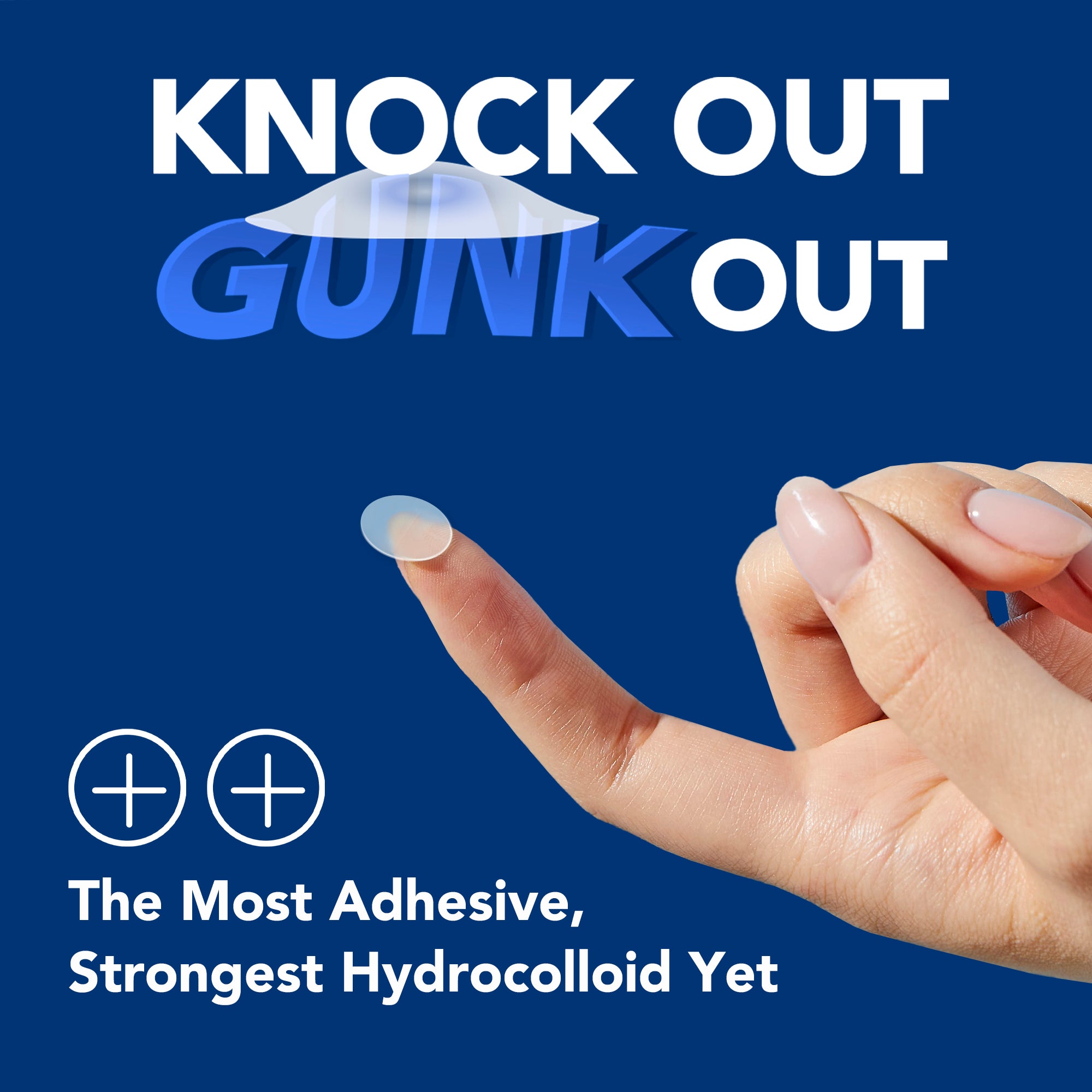 A hand displaying a small, round Avarelle GUNK OUT: Spot Tech 100CT against a blue background accompanied by a blemish treatments praising the product's adhesive effectiveness.