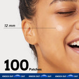 Close-up of a smiling person with clear skin, featuring an Avarelle GUNK OUT: Spot Tech 100CT patch infused with tea tree oil on the cheek, with text indicating "12 mm" and "100 patches.