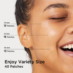 Girl smiling with three different sized acne patches on her face. With annotations of the sizes in text. Enjoy a variety of Avarelle's ZitOut Pimple Patch
